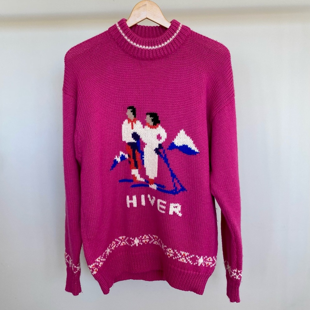 Vintage 100% wool handmade winter snow scene ski sweater. 🩷 - Picture 3 of 6